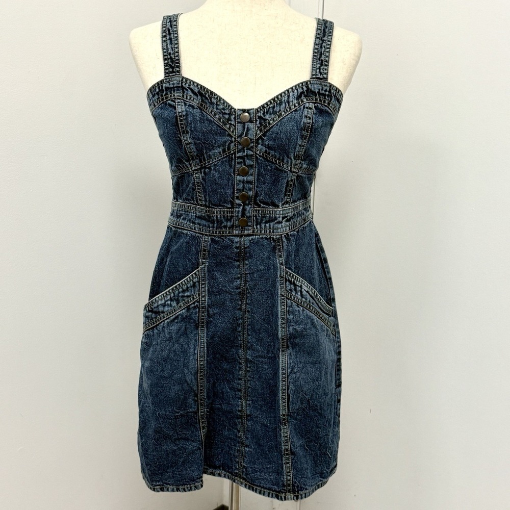 Y2K Blue Denim Button Front Mini Dress Smocked Back Small Indie Sleaze Grunge